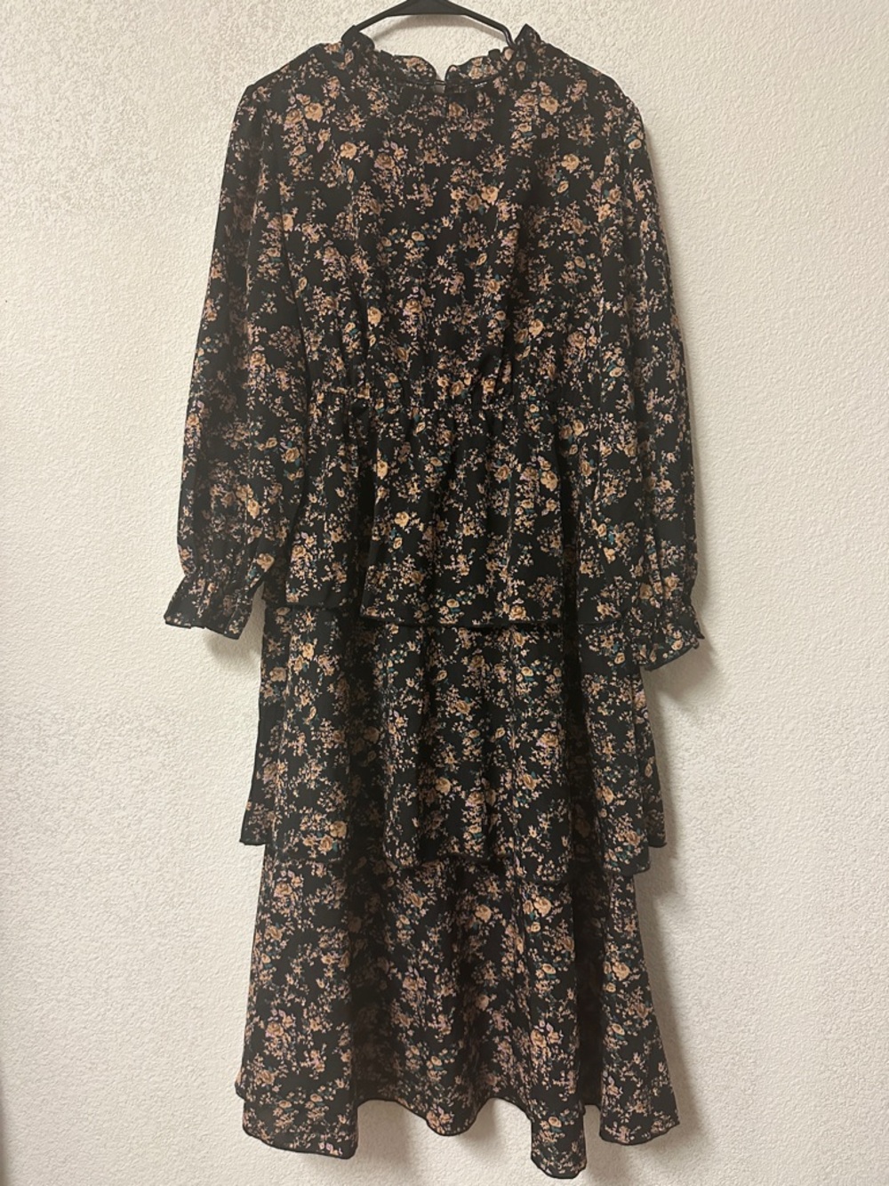 SHEIN Black Floral Midi Dress with Tan and Teal Accents